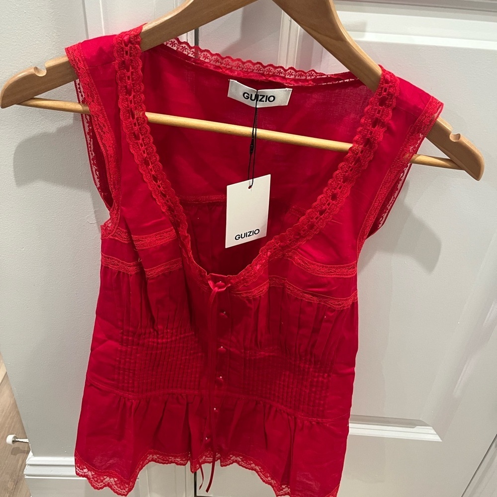 Danielle Guizio Bright Red Lace-Trim Sleeveless Peplum Top